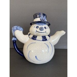 The Potting Shed Dedham Snowman Teapot Blue And White Crackle Preowned